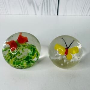 Set of 2 Vintage Glass Art Paperweight Hand Blown Sphere Butterfly Flowers